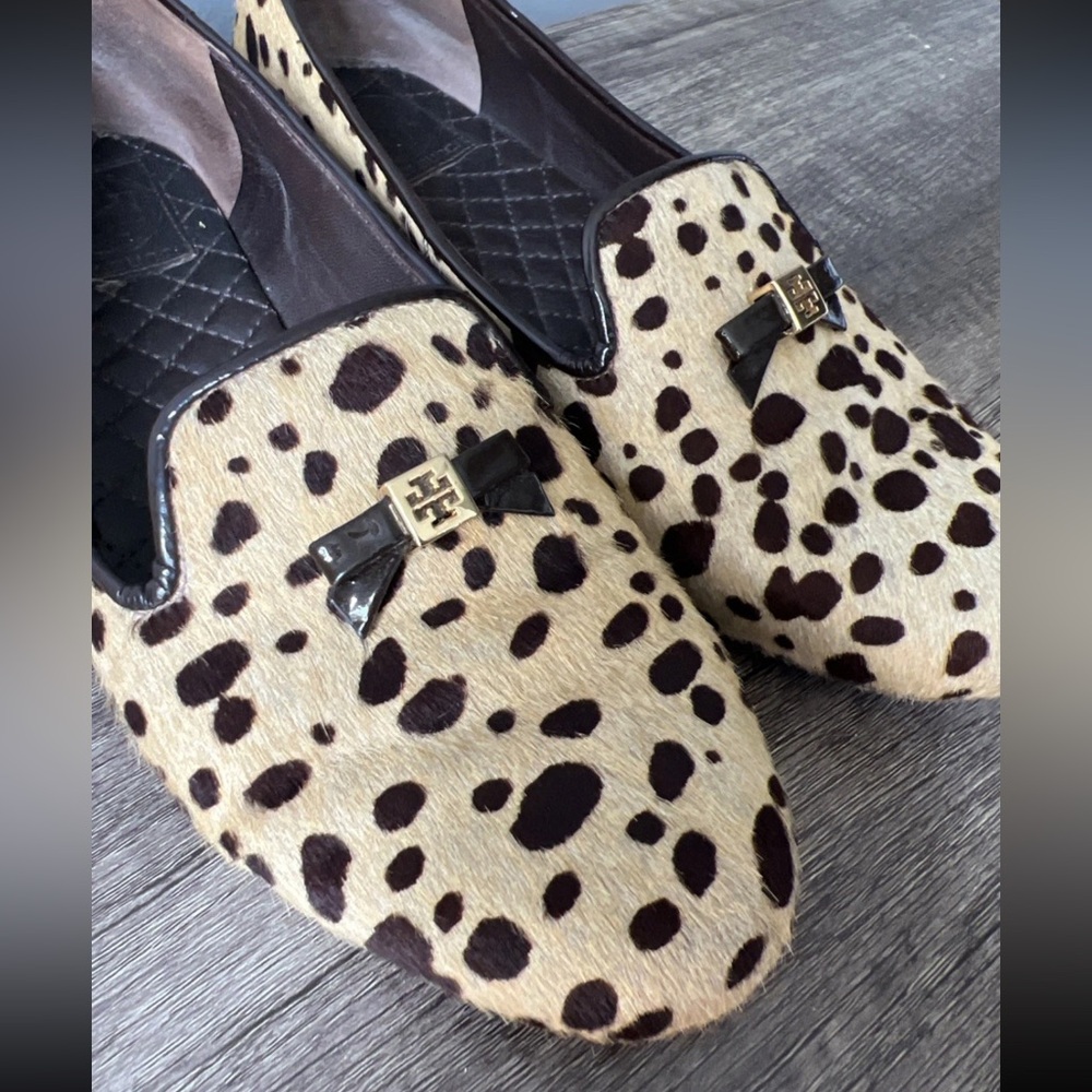 Tory Burch Spotted Calf Hair Loafers with Bow